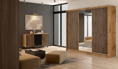 Produktbild von Krudox LNPR 250 cm Eiche Wotan Schwebetürenschrank Mit Spiegel Breiten 203/250 cm Kleiderschrank Für Wohnzimmer Mit Kleiderstange und 2 Schubladen