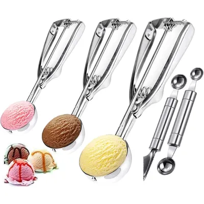 Produktbild von Eisportionierer Edelstahl Set 3 Größen mit Auslöser Spülmaschinenfest inklusive Eiscreme Plätzchen Kuchen Teig Melone Ideal als Geschenk