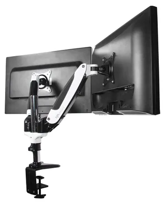 Obrázok produktu pre Držiak monitora, dvojramenný, pre monitory 15 – 27 palcov, hliníkový, biela/čierna farba, s plynovou pružinou, nosnosť do 8 kg na rameno