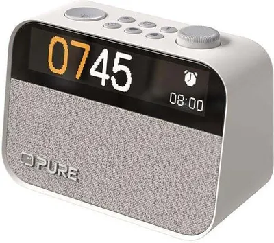 A close-up studio shot of a white and gray digital alarm clock radio.