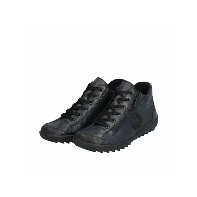 A pair of blue women's boots on a white background.
