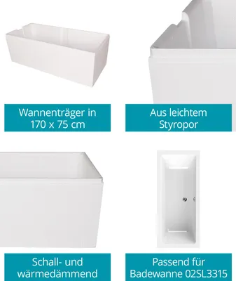 Produktbild von Calmwaters® Wannenträger 170 x 75 cm Modern Select, Passend für Rechteck-Badewanne 170x75 cm, Styroporträger, Schall- und wärmedämmend, Direkt verfliesbar, Badewannenträger in Weiß, 03AX4970