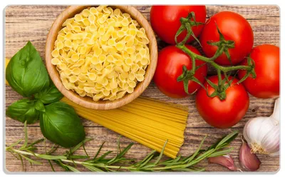 Produktbild von Wallario Frühstücksbrettchen aus Glas, je 14 x 23 cm, mit rutschfesten Füßen, Motiv Spaghetti mit Tomaten, Knoblauch und Basilikum