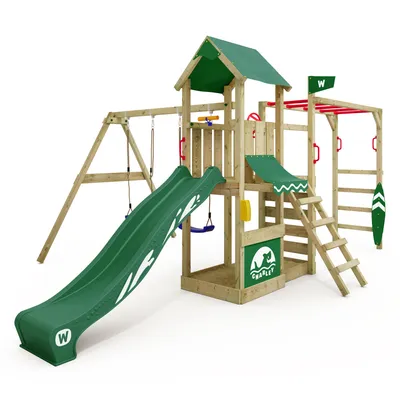 Image de WICKEY Tour de jeux Smart Baboon avec balançoire & toboggan, tour à grimper avec bac à sable, échelle de corde & accessoires de jeu - vert
