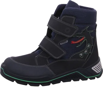 A single blue winter boot with a dragon design on the side, shown against a white background.