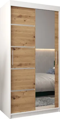 Produktbild von Kleiderschrank, Schiebetürenschrank Schlafzimmer, Schrank mit Spiegel VERONA 2 100 cm - Weiß Matt + Artisan Eiche