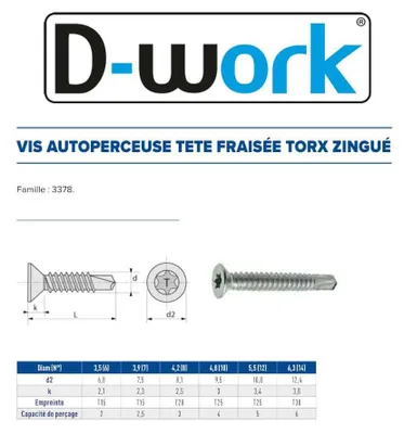 Image de 500 Vis Autoperceuses Tête Fraisée Torx 4.8 x 15.9 mm - Zingué blanc - D-Work
