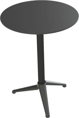 A dark gray round table with a tripod base is shown against a white background.