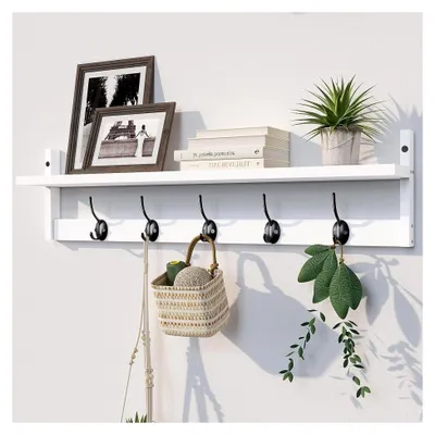 Produktbild von Wandgarderobe mit Haken - 73,5 cm Regal mit 5 doppelten Haken, Landhaus-Stil für Bad, Wohnzimmer, Schlafzimmer, Küche, Dekoration und Aufbewahrung (Weiß)