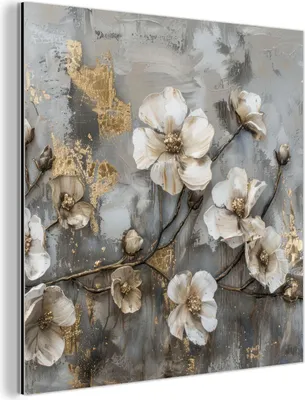 Produktbild von MuchoWow Wanddekoration Metall Metallbild Wandkunst 20x20 cm Blumen - Weiß - Grau - Gold - Luxus MuchoWow Aluminium Gemälde - Alu Dibond Bilder