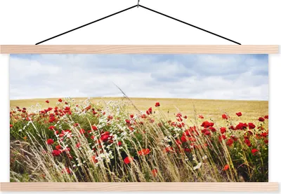 Produktbild von MuchoWow® Textilposter Wolken - Blumen - Rot 60x30 cm mit holzfarbenen Rahmen - Dekoration