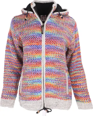 Produktbild von Kuschelige Gefütterte Strickjacke, Gestreifte Damen Wolljacke, Nepaljacke - Modell 33, Mehrfarbig, Wolle, Größe: L
