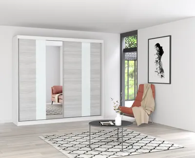 Produktbild von Easy4You M32 Weiß/Kathult Schiebetürenschrank Kleiderschrank 233x218x61 cm mit Spiegel - Schlafzimmermöbel, Aufbewahrung – Mehrzweckschrank mit 2 Kleiderstangen