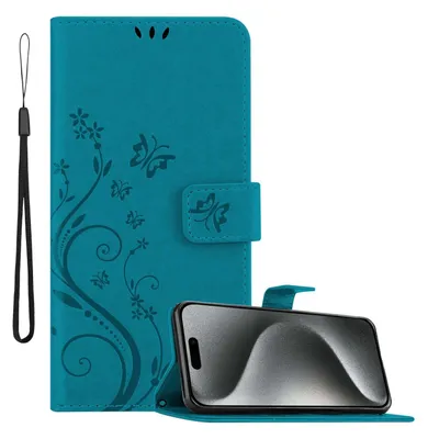 Obrázek produktu pro Cadorabo pouzdro pro Apple iPhone 15 PRO v barvě FLORAL BLUE Ochranný kryt v květinovém designu s magnetickým zapínáním, funkcí stojánku a přihrádkami na karty Flipové pouzdro Flower Cover Case Flipové pouzdro na mobilní telefon Pouzdro typu kniha