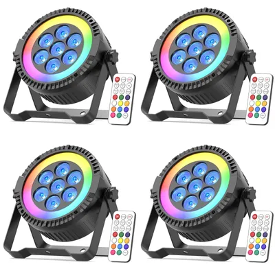 Produktbild von LED Bühnenbeleuchtung - PAR 7xRGBW 4-in-1 - DMX512 Soundsteuerung - 48 SMD Ringeffekt - DJ Disco Party Hochzeit Show - EU Stecker 4er Set