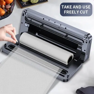 Zdjęcie produktu dla Urządzenie do pakowania próżniowego - Elektryczna maszynka do pakowania próżniowego do użytku domowego - 120 W - Do pakowania produktów suchych i wilgotnych - Sterowanie dotykowe - Wbudowany nóż - Model A