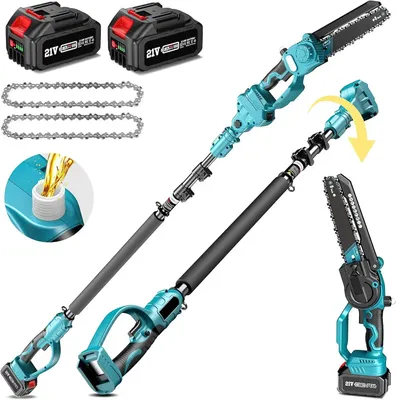 Produktbild von 2-in-1 Akku-Hochentaster und Mini-Kettensäge - 20-cm-Schwert - Verlängerungsstange - Elektrische Baumsäge - 2 Akkus