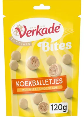 Produktbild von Verkade Bites koekballetjes weiße Schokolade, 120 g – knusprige Kekskugeln Snack