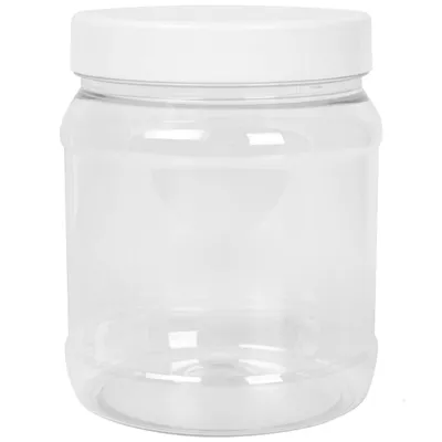 A clear studio shot of a transparent plastic jar with a white lid.