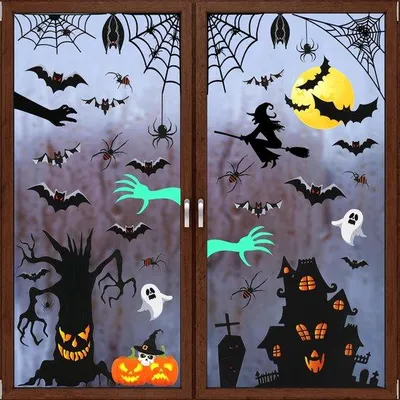 Obrázek produktu pro Halloweenská dekorace v sadě, 9 archů odnímatelných samolepek, svítící strašidelná ruka, dýně a netopýr, hororové dekorace pro halloweenské domy