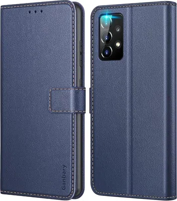 A blue leather flip case for a Samsung Galaxy A52 / A52s 5G phone is shown, with the phone inserted in the right half of the image.