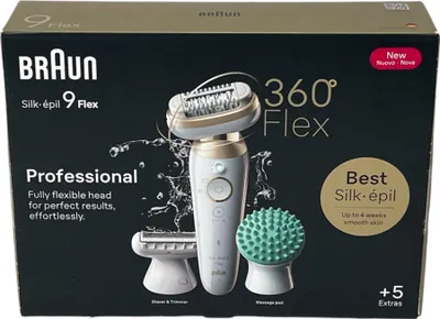 The image shows the retail packaging of a Braun Silk-épil 9 Flex epilator.