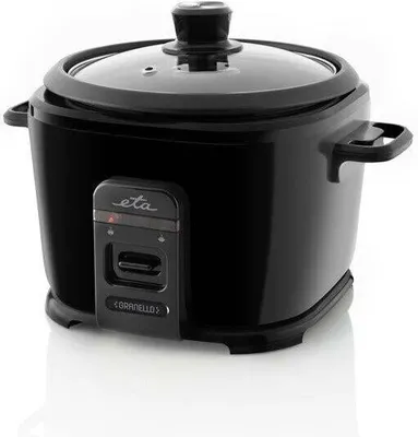 A black electric rice cooker with a glass lid.