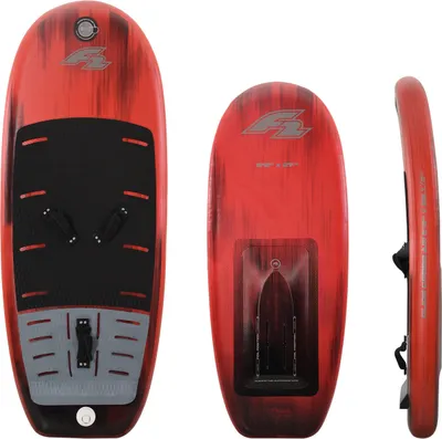 Three views of a red and black hydrofoil board.