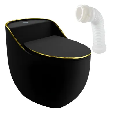 Produktbild von LAVITA Einteilige Stand-WC mit eingebautem Spülkasten SILIA RIM BLACK/GOLD LINE | Komplett-Set | WC deckel | Keramik WC Spülrandlos |Toilettenschüsse|