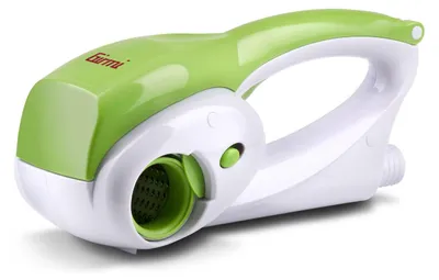 A product shot of a green and white electric grater/spiralizer.