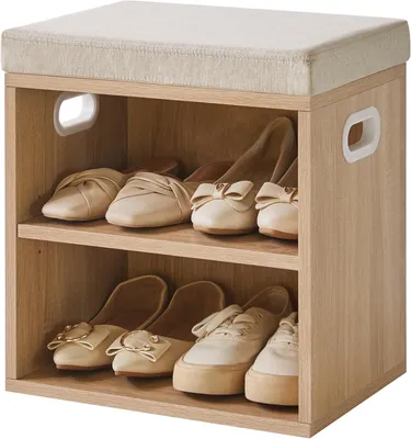 Zdjęcie produktu dla Ławka na buty z poduszką, 15.4L x 11W x 16.54H cali, 2 półki, do przedpokoju, jasny naturalny
