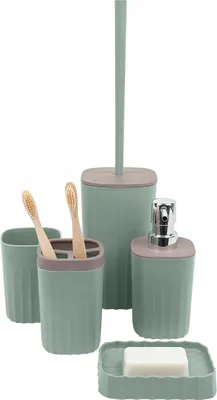 Produktbild von 5-teiliges Badezimmer-Set aus Kunststoff, Pistaziengrün, mit Seifenspender