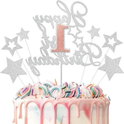 Immagine prodotto di Pezzi di torta scintillanti in oro rosa e argento – Set per torta di primo compleanno – Decorazioni per le feste