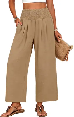 Produktbild von ASKSA Damen Leinenhose Sommerhose Leicht Strandhose Locker Stoffhose Weite Beine Musselin Palazzo Hose mit Taschen (Khaki,L)