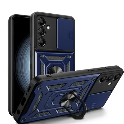 A blue and black phone case with a ring holder and camera cover, shown from two angles.