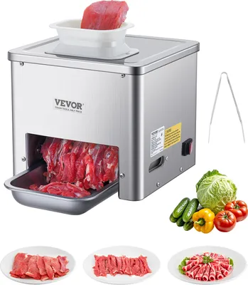 A VEVOR electric meat slicer is shown with a piece of meat being inserted, sliced meat in a tray, and various vegetables and plates of sliced meat arranged around it.