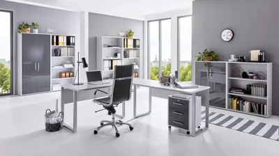 Produktbild von Büromöbel-Set TABOR PRO 7 in lichtgrau / anthrazit Hochglanz, Arbeitszimmer Komplett-Set