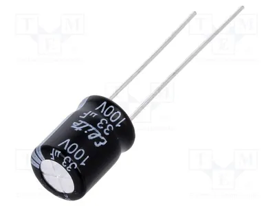 Obrázek produktu pro 10 kusů kondenzátorů: elektrolytické, pro montáž na desku, 100 V DC, 33 µF, rozměry 8 x 11,5 mm, tolerance ±20 %, typ PF2A330MNN0811