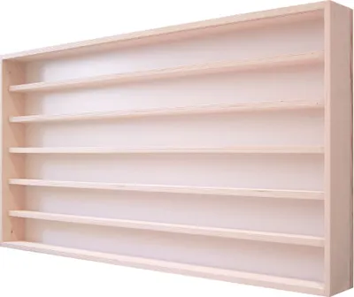 A wooden display shelf with multiple compartments against a white background.