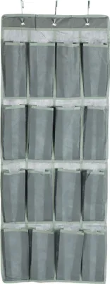 A gray fabric hanging organizer with 16 compartments, designed for storage.