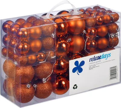 Zdjęcie produktu dla Relaxdays – zestaw 100 bombek choinkowych, dekoracje świąteczne, matowe, błyszczące, brokatowe, bombki choinkowe o średnicy 3, 4 i 6 cm, pomarańczowe