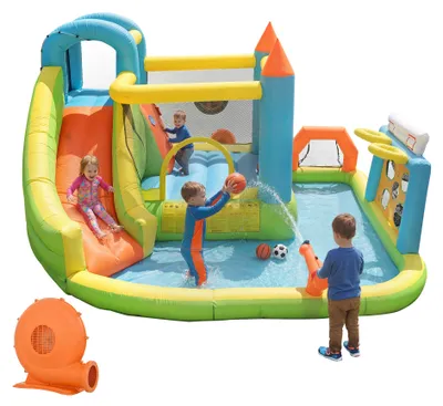 Produktbild von Kinder-Hüpfburg Wasserpark,mit Gebläse Rutsche Basketballkorb Spielküche;Spielgerät für den Außenbereich/Hüpfburg im Burg-Design/Spielzeug für draußen