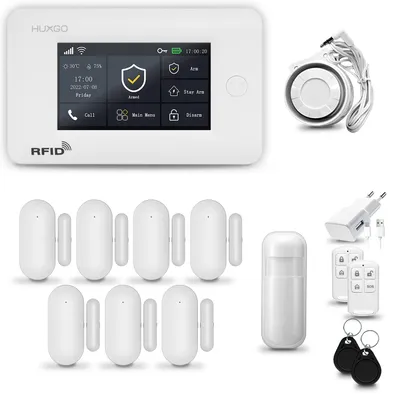 Image de Système d'alarme HUXGO HXA006 pour la maison, avec connexion WiFi et GSM 4G LTE, incluant une sirène, un détecteur de mouvement et 7 détecteurs de porte/fenêtre, compatible avec l'application Tuya Smartlife