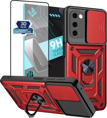 A collage of a red and black phone case and a screen protector.