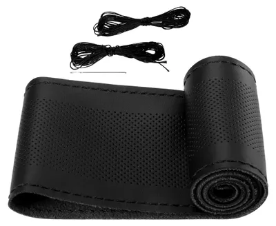 Produktbild von Handgenähter Lenkradbezug für Autos, 38 cm, Mikrofaser-Leder, Schwarz