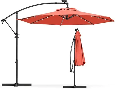 Immagine prodotto di Ombrellone KOMFOTTEU LED 300 cm x 230 cm, ombrellone da giardino con manovella, ombrellone da terrazza con base girevole a 360°, ombrellone a braccio pieghevole e inclinabile, ombrellone da mercato senza base per esterni
