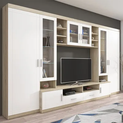 Produktbild von MIRJAN24 Wohnwand Paris, TV-Möbel, Große Anbauwand, Schrankwand, Wohnzimmer-Set (Sonoma Eiche/Weiß, mit weißer LED Beleuchtung)