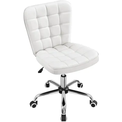 A white office chair with a chrome base and wheels, shown from a three-quarter angle against a white background.