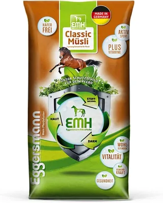 A bag of horse feed with promotional graphics and text.