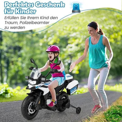 Produktbild von Polizeimotorrad für Kinder Akkubetriebenes Motorrad mit 2 Stützrädern 110 x 82,5 x 63 cm Weiß